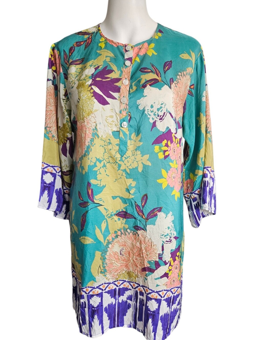 Cabi Poetry Floral Tunic Blouse 100% Silk Sz Sm Jewel Tone Resort Hawaiian Artsy